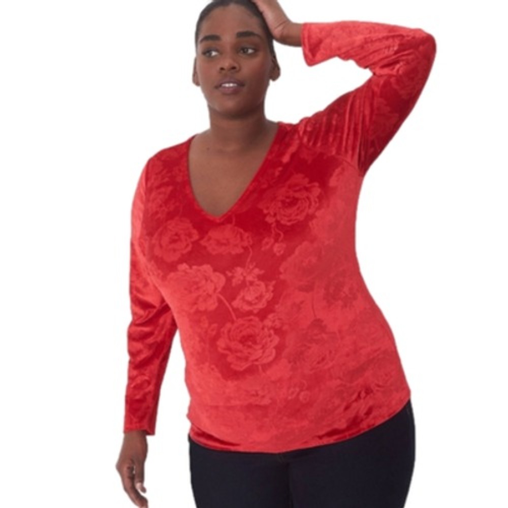 Lane Bryant Red Floral Burnout‎ Velvet V-Neck Long Sleeve Top Plus Size 26/28 4X